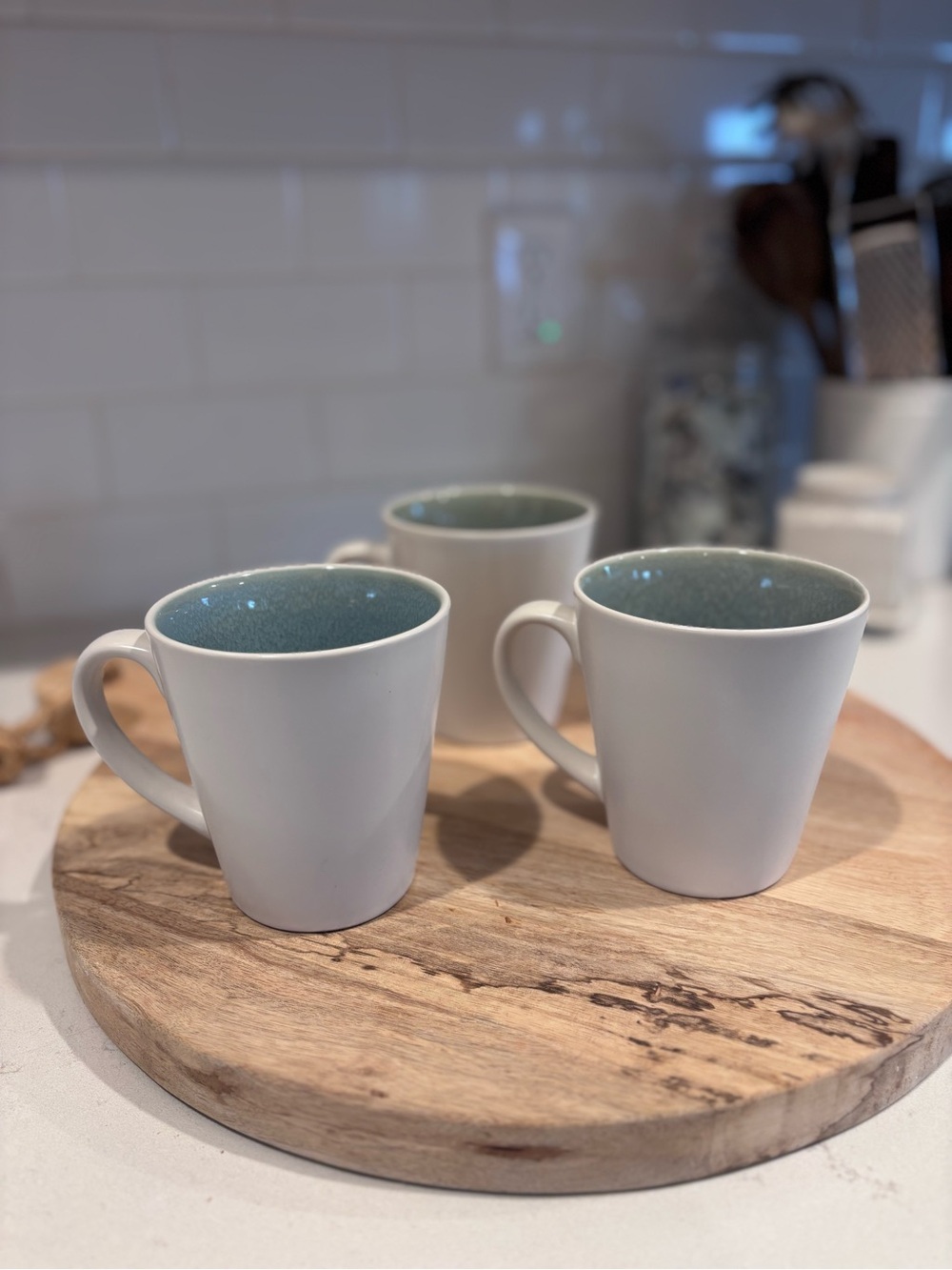 Set of 6: White Ceramic Mug with Blue-Green Interior